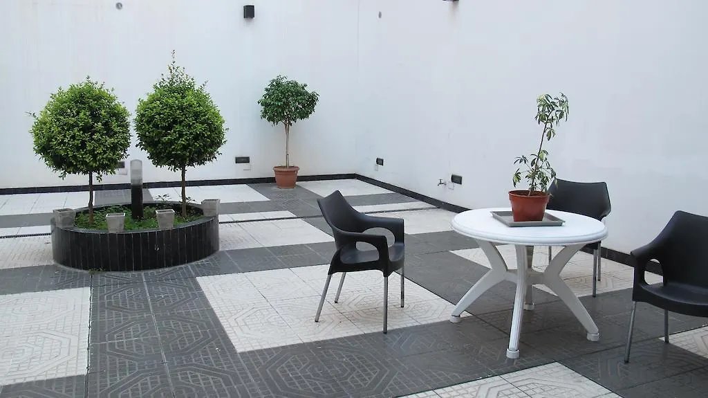 Los arbolitos podados del patio sobre el piso damero